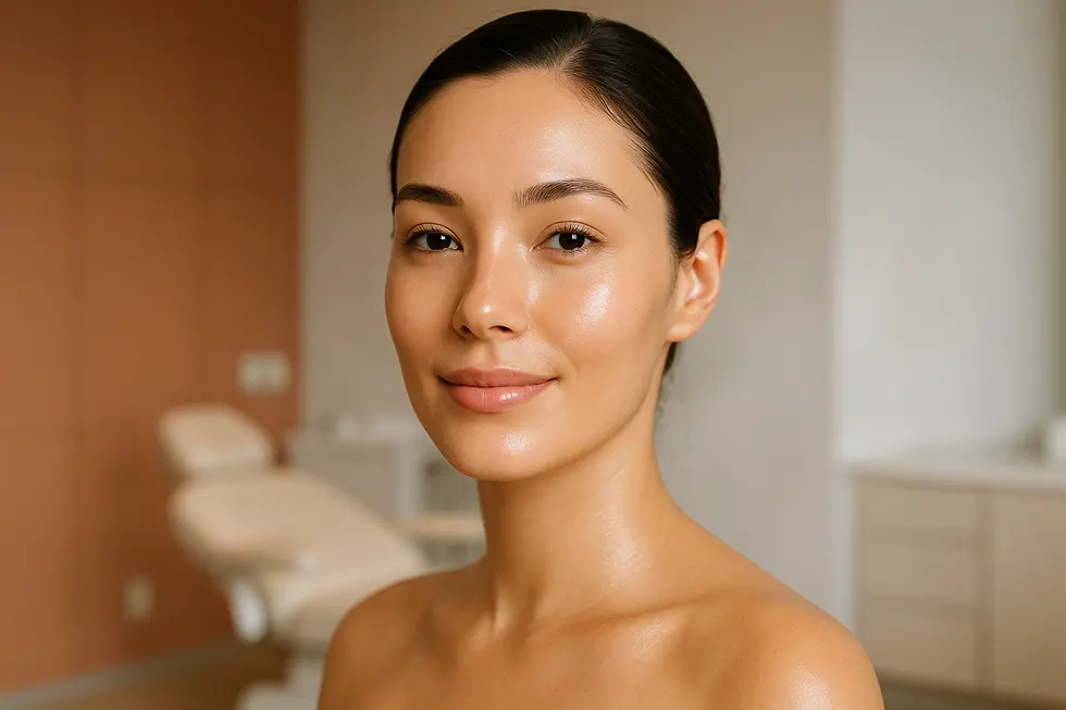 IPL治療により肌のシミやくすみが改善され、健康的で輝く肌になった女性の顔。