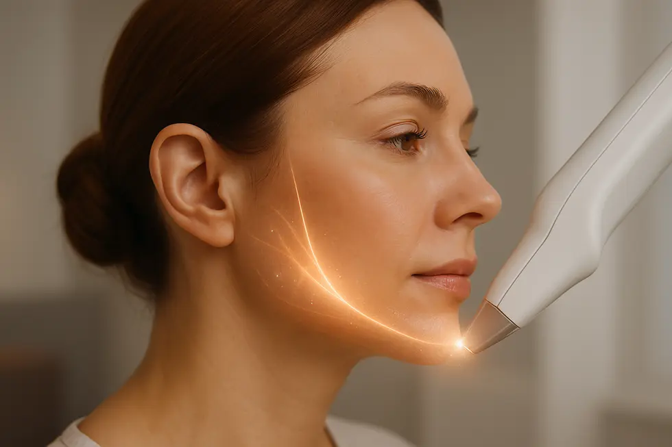 リフティングレーザーの施術効果をイメージした、引き締まったフェイスラインの女性の横顔。