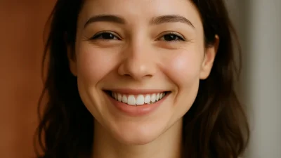 自然に口角が上がった若い女性の笑顔のクローズアップ。口角フィラー施術のポジティブな結果を示唆する。