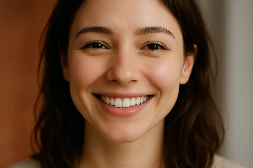 自然に口角が上がった若い女性の笑顔のクローズアップ。口角フィラー施術のポジティブな結果を示唆する。