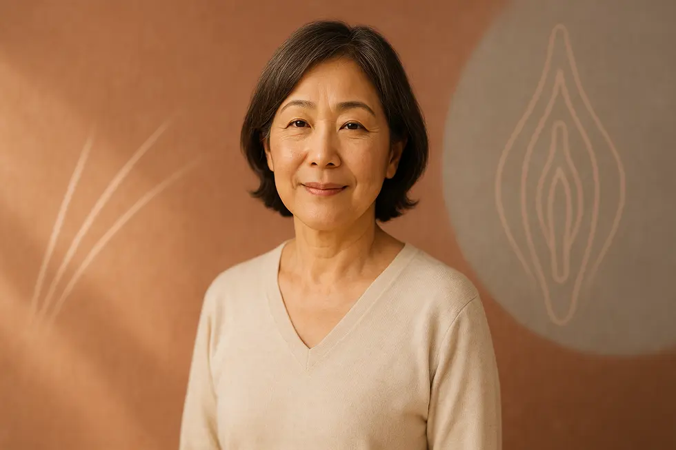 穏やかな表情で自信に満ちた中年の日本人女性のポートレート。背景には、モナリザタッチの治療と再生を象徴する抽象的なレーザー光と解剖学的な要素が暖色系で描かれています。