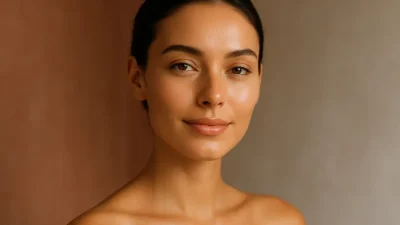 リバイブレーザー治療後の健康で輝く肌を持つ女性のクローズアップ。