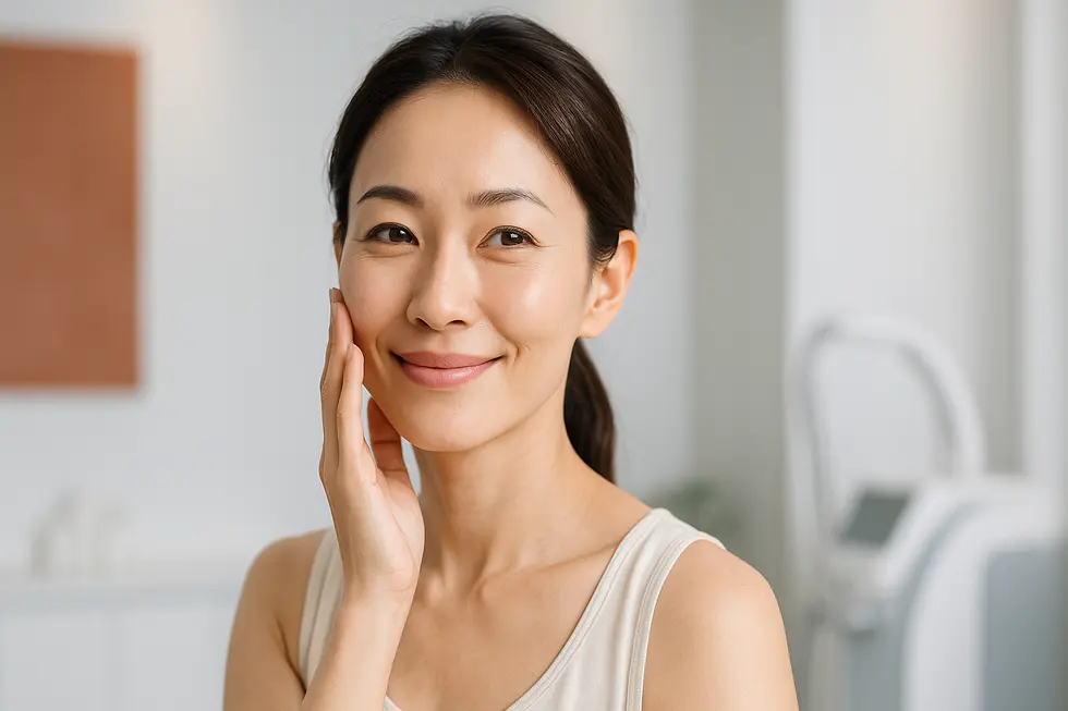 自信に満ちた表情で頬に手を当てる女性。ウルトラセル施術後のハリのある肌を象徴しています。