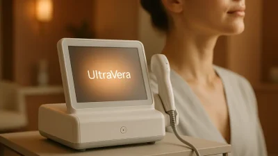 ウルトラヴェラのデバイスが置かれたモダンなクリニックの部屋で、リフトアップ効果が示唆される女性の顔が背景にぼやけて見える様子。