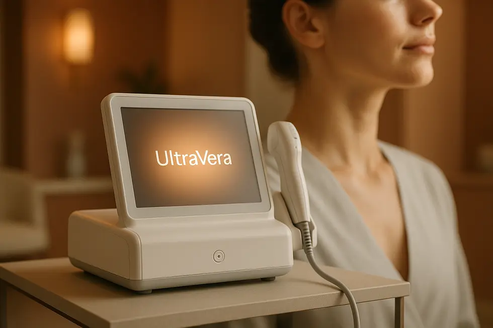ウルトラヴェラのデバイスが置かれたモダンなクリニックの部屋で、リフトアップ効果が示唆される女性の顔が背景にぼやけて見える様子。