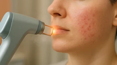 Vビームレーザーが赤ら顔の肌に穏やかに照射されている様子。肌は落ち着いており、冷却ガスが軽く噴射されている。