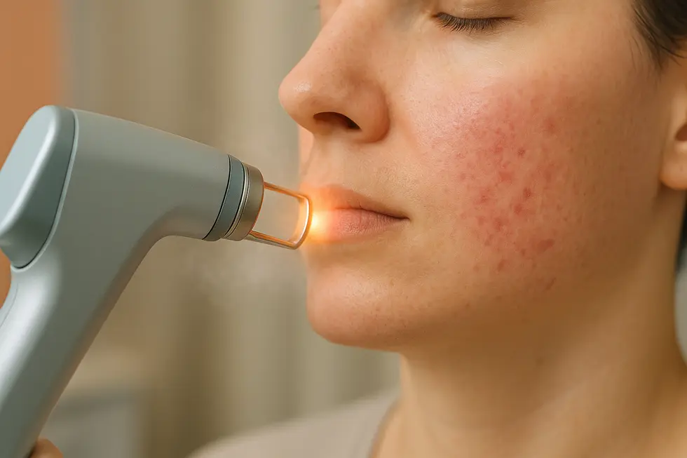 Vビームレーザーが赤ら顔の肌に穏やかに照射されている様子。肌は落ち着いており、冷却ガスが軽く噴射されている。