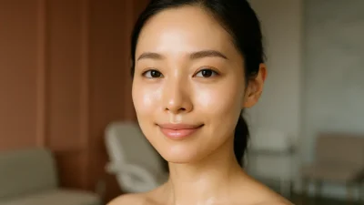 A-fitレーザー治療後の、健康的でクリアな肌の女性の顔のクローズアップ。肌は滑らかで輝いており、ニキビの悩みから解放された喜びを表現しています。