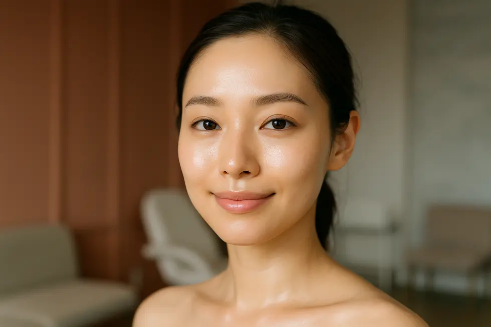 A-fitレーザー治療後の、健康的でクリアな肌の女性の顔のクローズアップ。肌は滑らかで輝いており、ニキビの悩みから解放された喜びを表現しています。