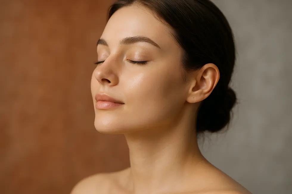 アキュ注射を受けてシャープになったフェイスラインを持つ女性のクローズアップ。