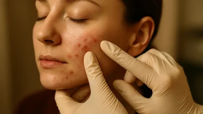 ニキビ圧出の専門家が肌を優しく診察している様子