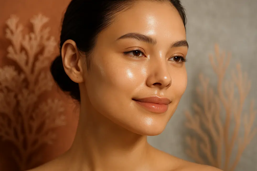 透明感と輝きのある美しい肌の女性の顔のクローズアップ画像。