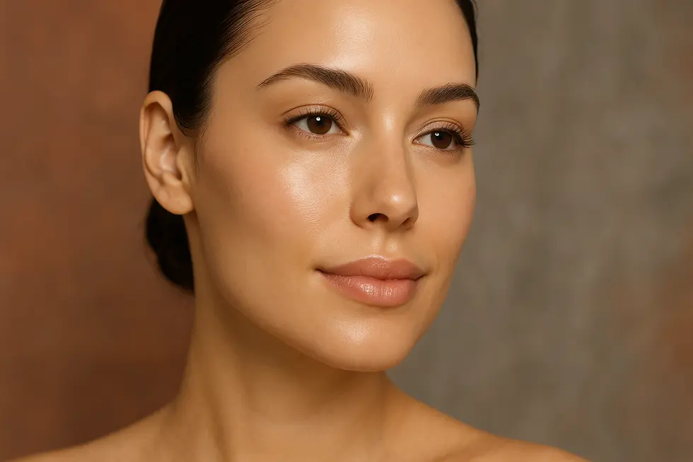 ベネブ施術後の、滑らかで輝く健康的な肌の女性の顔のクローズアップ。