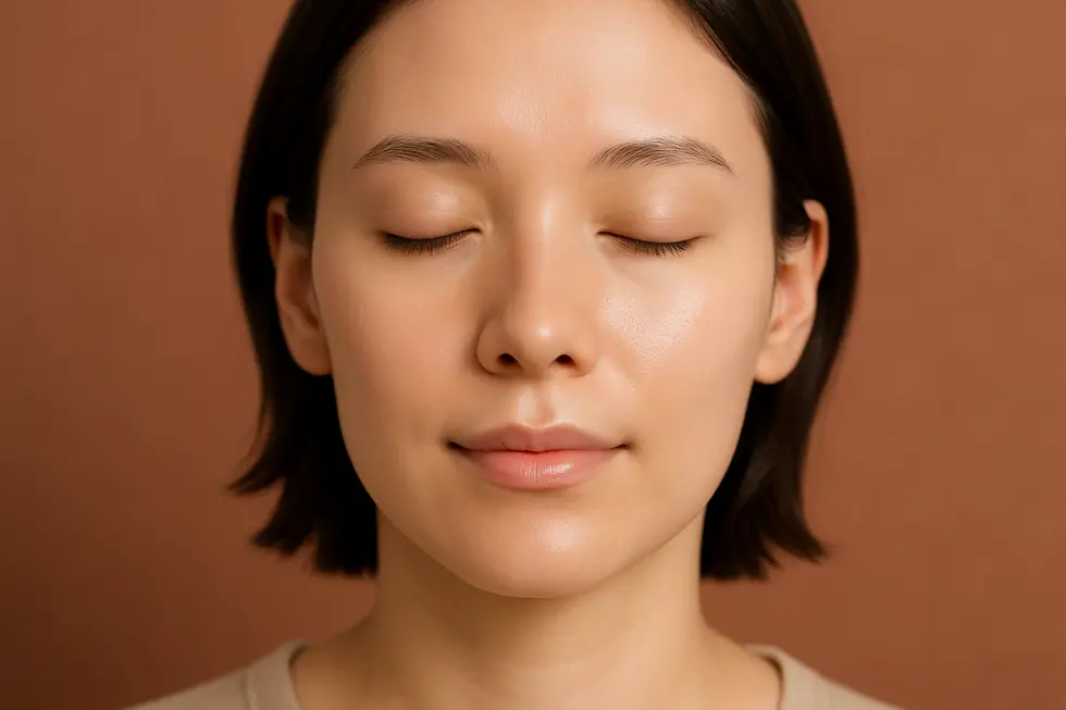 毛穴が目立たず、なめらかで健康的な肌の顔のクローズアップ。
