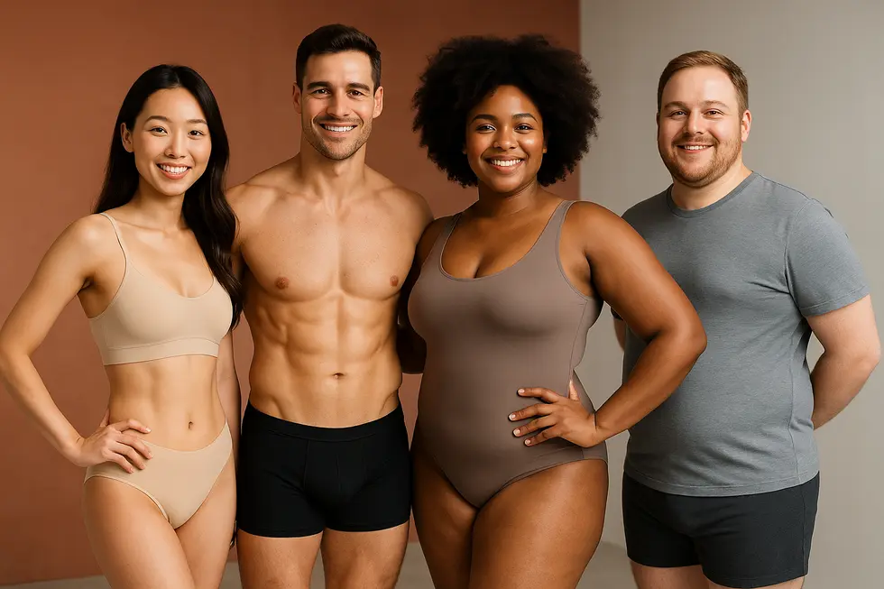自信に満ちた笑顔で、引き締まったボディラインを披露する多様な人々の集合写真。背景は温かいテラコッタとライトグレーのグラデーション。