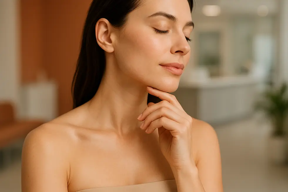 顎下や二の腕など、気になる部位に手を添える人物の横顔。脂肪溶解注射による自然な輪郭の変化を示唆している。背景はぼやけたクリニックの空間。