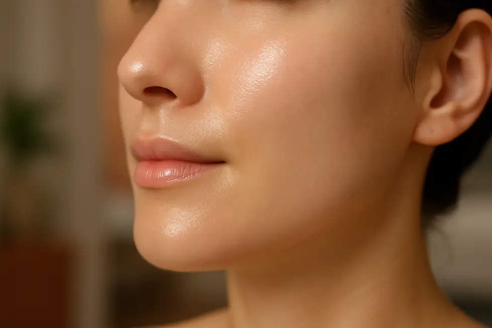 潤いと透明感のある、健康的な肌のクローズアップ。