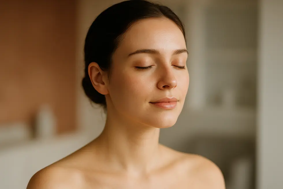 穏やかで健康的な肌の女性がリラックスした表情で目を閉じている画像。肌の鎮静と回復を象徴。