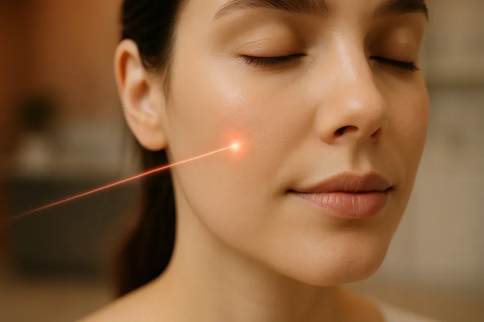 清潔感のある肌にカプリレーザーが照射される様子を表現したイメージ。美肌治療の期待感を高める。