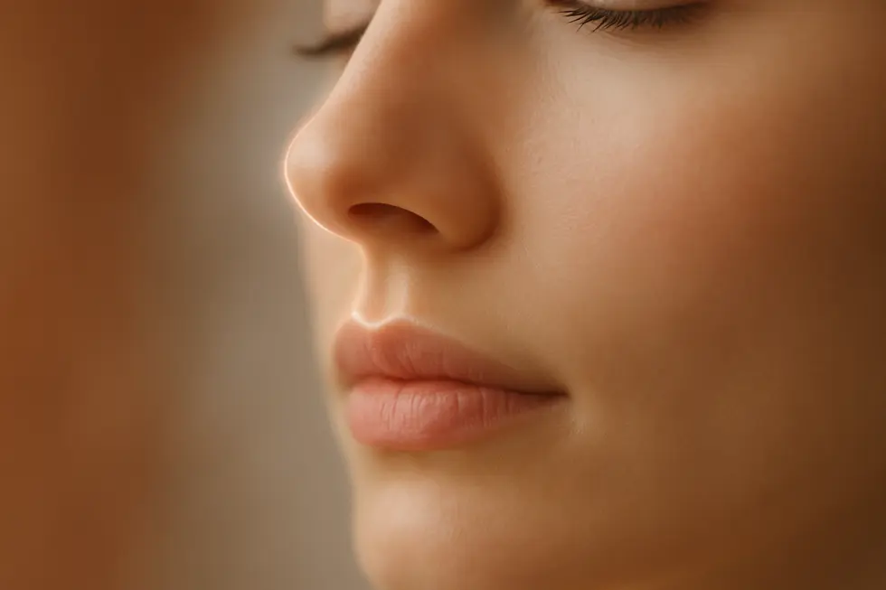 コルメラフィラーによって整えられた、美しい鼻先のクローズアップ写真。