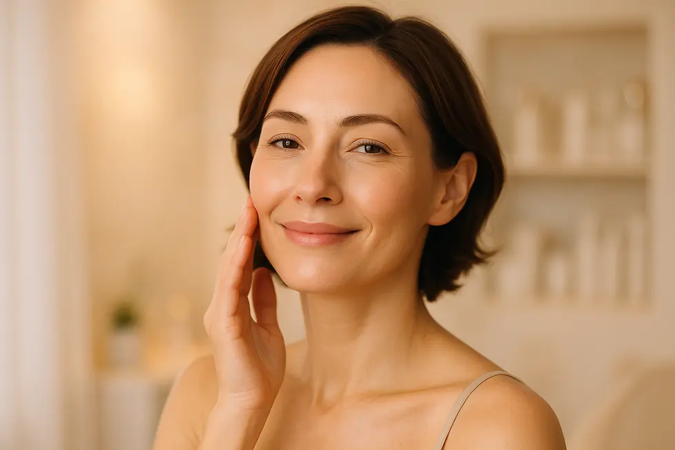 肌にハリと輝きがあり、若々しい印象の30代後半から40代前半の女性が笑顔で頬に手を当てている画像。