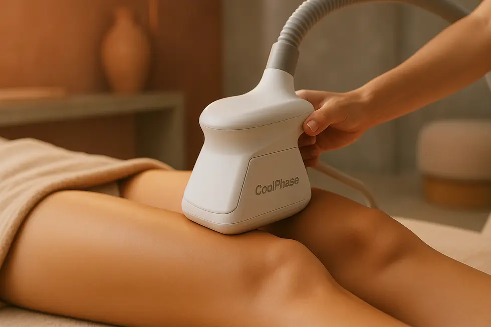 クールフェイズ施術中の太ももの部分。冷却デバイスが肌に優しく当てられ、背景はスパのような落ち着いた空間。