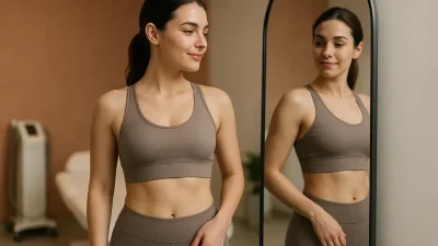 鏡に映る自身のボディラインを確認し、満足げな表情を浮かべる女性。冷却脂肪融解施術後の自信と幸福感を表している。