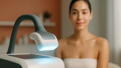 モダンな美容クリニックで、冷たい光を放つ最新の美容機器が、クリアで輝く肌の女性を優しく照らしている。