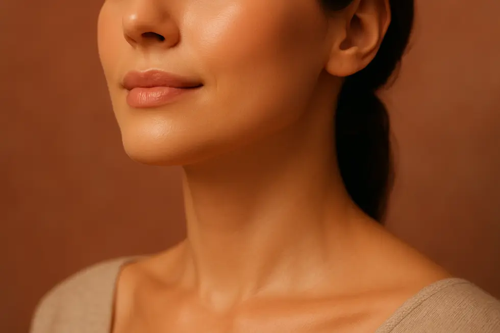 Diasono施術で引き締まったフェイスラインとハリのある肌を持つ女性のクローズアップ画像。