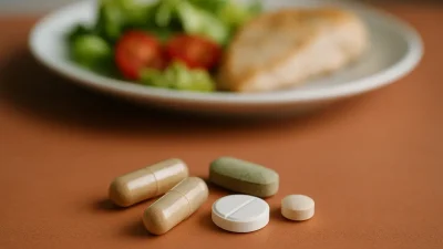 テラコッタ色の背景に並べられたダイエット丸剤と、ぼやけた健康的な食事の皿。科学的で健康的なアプローチを表現。