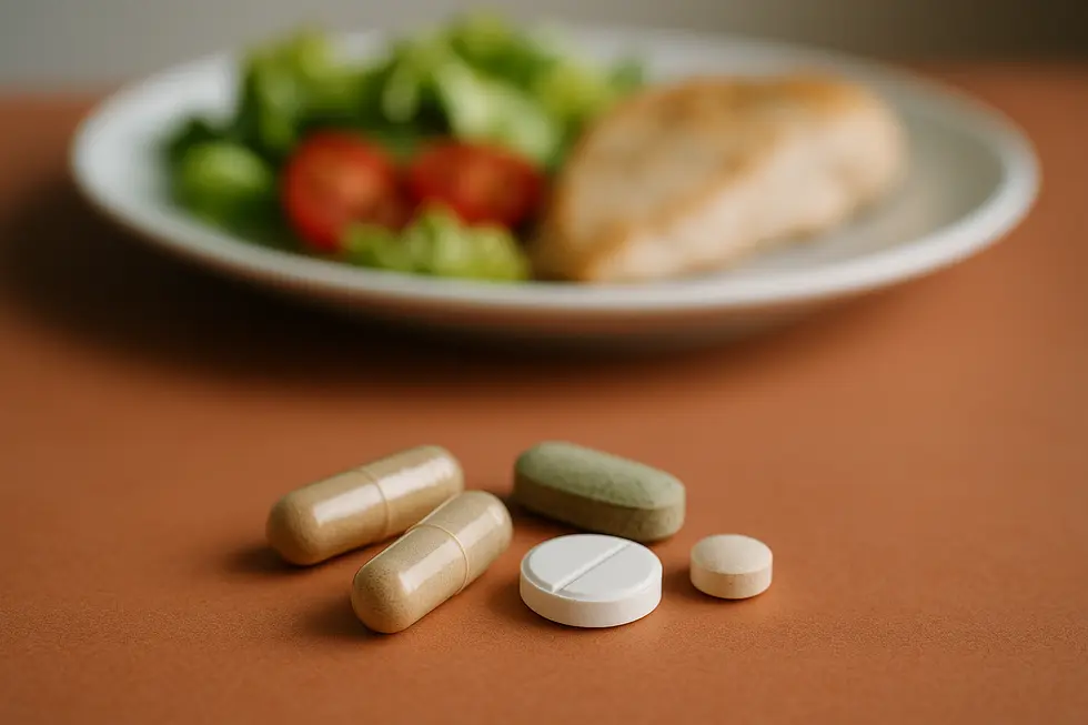 テラコッタ色の背景に並べられたダイエット丸剤と、ぼやけた健康的な食事の皿。科学的で健康的なアプローチを表現。