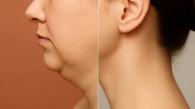 二重あごがある状態と、二重あごが解消されシャープな顎のラインになった状態を比較した画像。