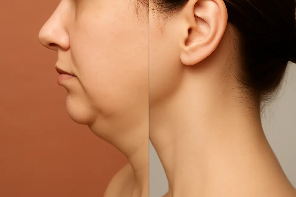 二重あごがある状態と、二重あごが解消されシャープな顎のラインになった状態を比較した画像。