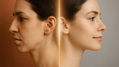 顎の歪みを持つ顔の横顔と、手術によって顎が矯正され、バランスの取れた顔の横顔が比較されている。