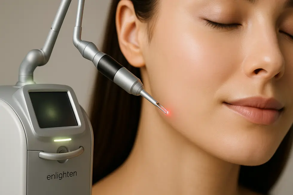 ピコ秒レーザー「インライトン」の機械と、美しく整った肌のクローズアップ画像。