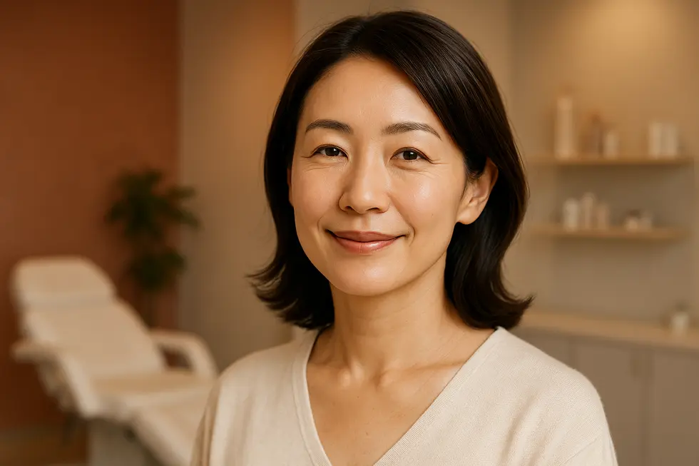 穏やかに微笑む30代の日本人女性のクローズアップ。目元には自然なハリがあり、若々しい印象を与えている。