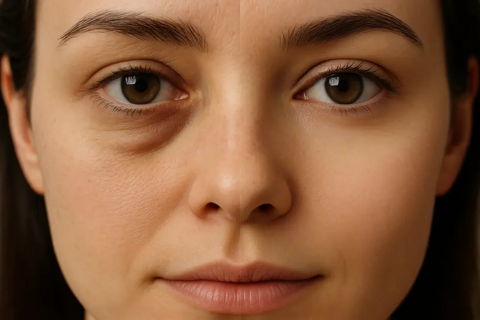 目の下のたるみとクマが改善された、すっきりとした目元を左右で比較したイメージ。