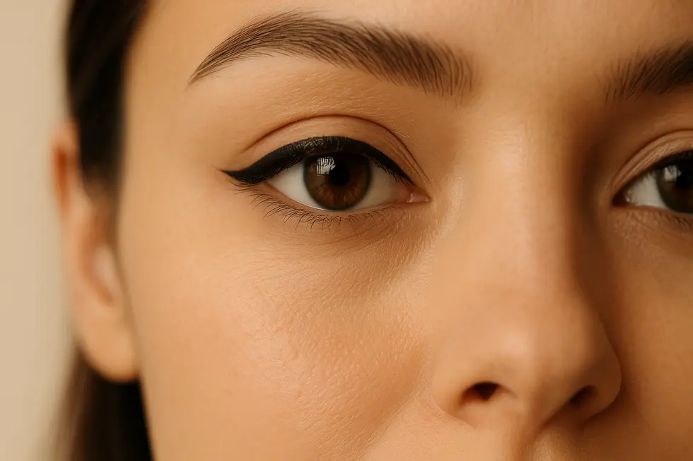 完璧なアイラインが施された女性の目のクローズアップ。アイラインタトゥーの美しさと自然な印象を表現。