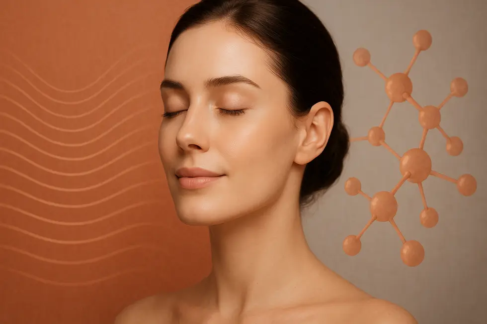 若々しく輝く顔のクローズアップ。顔の周りにはエネルギー波やコラーゲン構造が抽象的に描かれ、美容医療の進歩と自然な美しさが融合している。