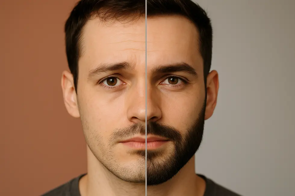 顔の髪の移植の前後を比較する男性の顔。片側はひげと眉毛が薄く、もう片側は整った豊かなひげと眉毛で自信に満ちた表情。