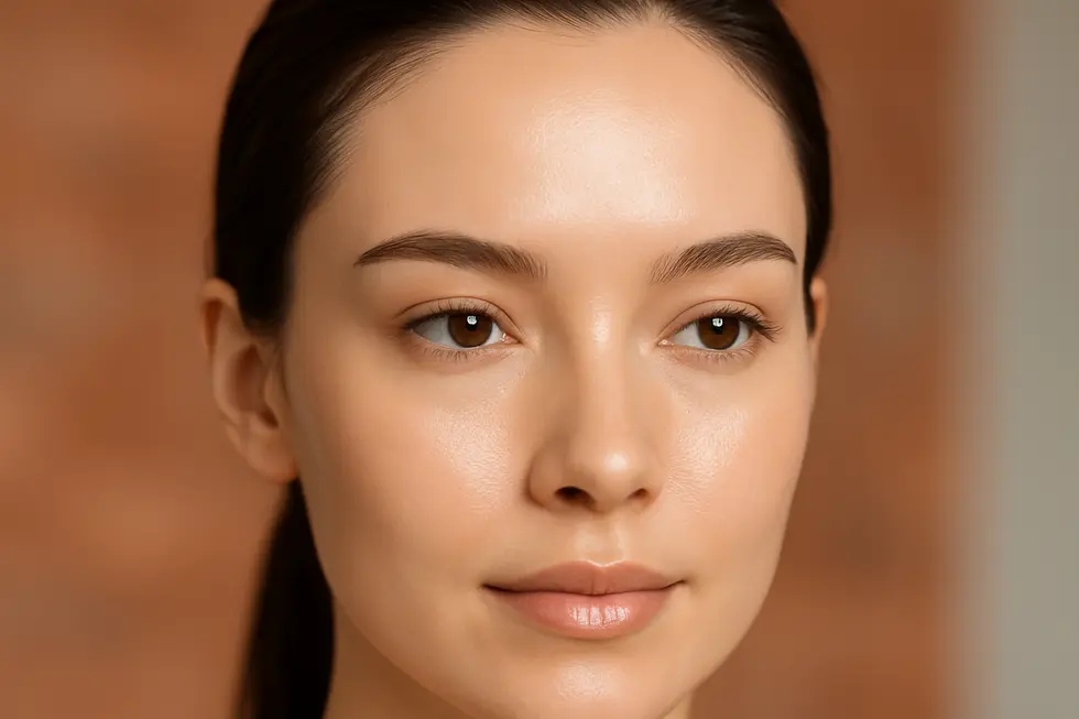 額の横ジワと眉間の縦ジワが軽減され、滑らかで自然な表情の女性の顔のクローズアップ。