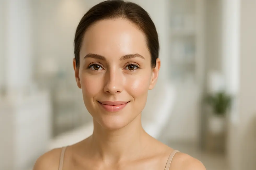 滑らかで丸みを帯びた額を持つ、笑顔の美しい女性のポートレート。額フィラーによる若々しい印象を表現。