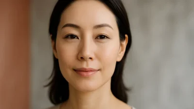 額のシワが改善され、眉毛が自然に上がった若々しい顔のクローズアップ。