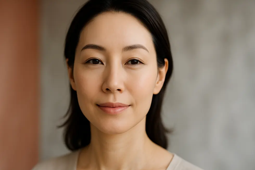 額のシワが改善され、眉毛が自然に上がった若々しい顔のクローズアップ。