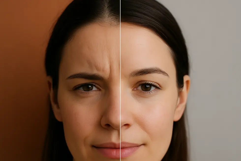 眉間のシワが改善されたBefore/Afterの様子を示す女性の額のクローズアップ