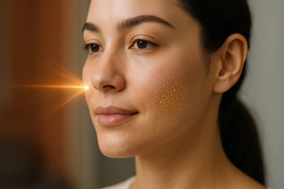 金ナノ粒子とレーザー光で肌が輝く様子を示す、ニキビや毛穴の少ないクリアな顔のクローズアップ画像。