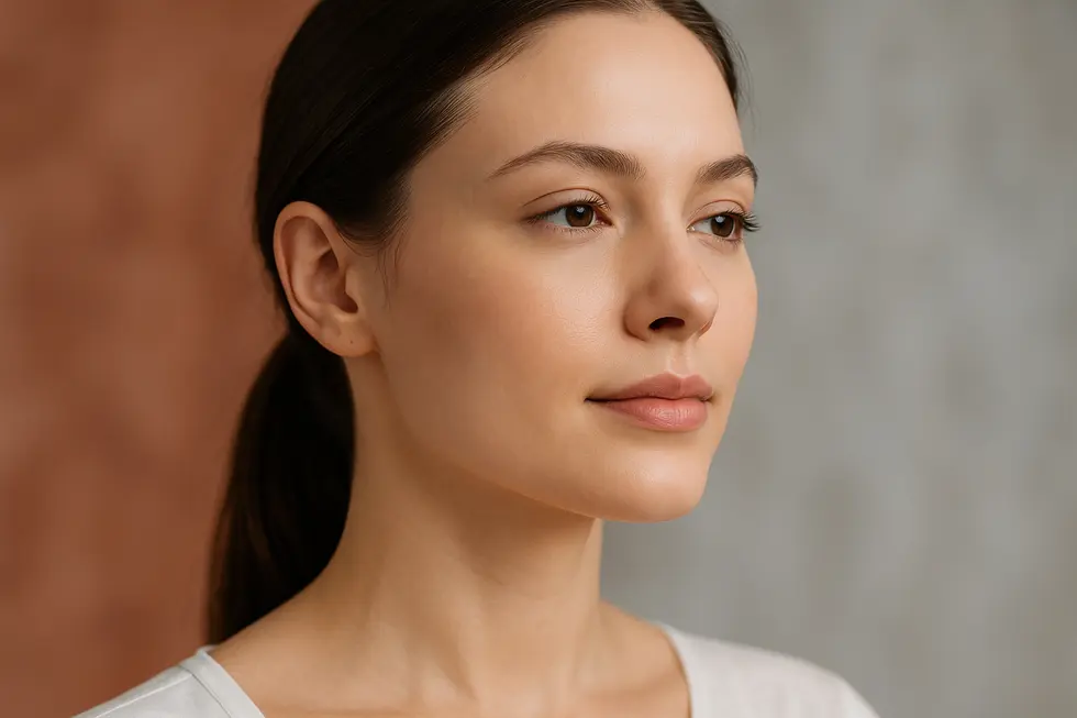 滑らかな顎ラインを持つ女性の顔のクローズアップ画像。梅干しジワがなく、整ったフェイスラインが強調されている。