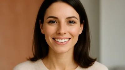 歯茎が見えない自然で美しい笑顔の女性の顔のクローズアップ。