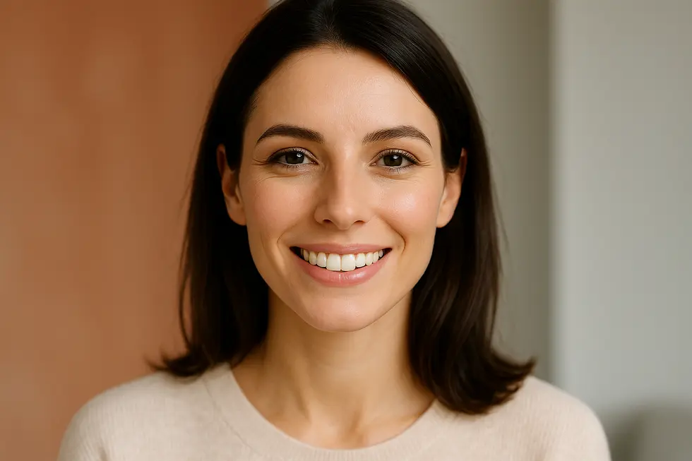 歯茎が見えない自然で美しい笑顔の女性の顔のクローズアップ。