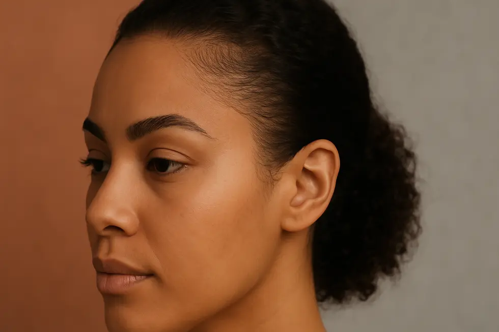 自然な仕上がりのヘアライン半永久球が施された生え際のクローズアップ画像。